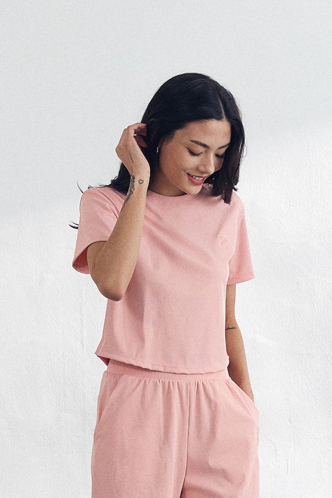 Cielcoco CLWT8104 Cooling Ribbed Cropped Short Sleeve Women Nylon Workout Top T-Shirt _CORAL PINK _ Made in Korea